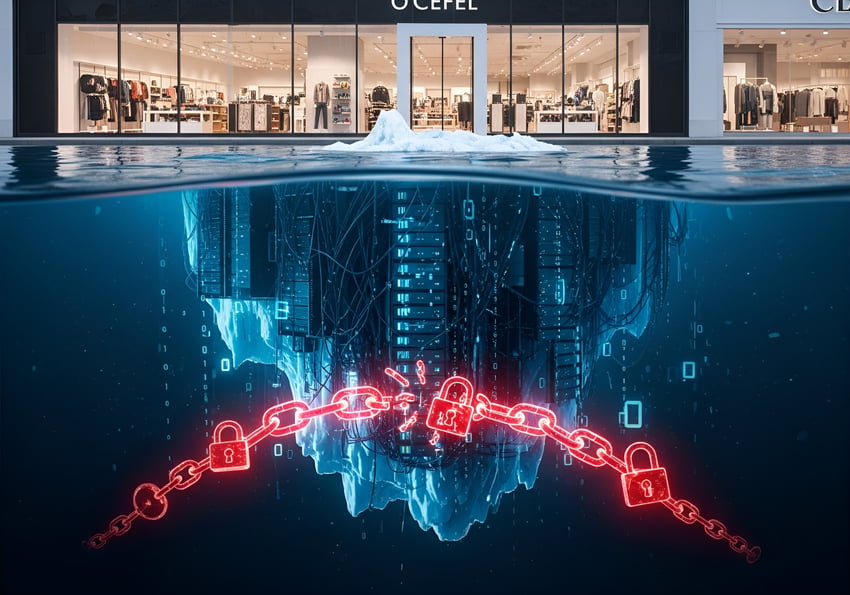 An iceberg in front of a retail store reveals hidden data breach risks below the water.