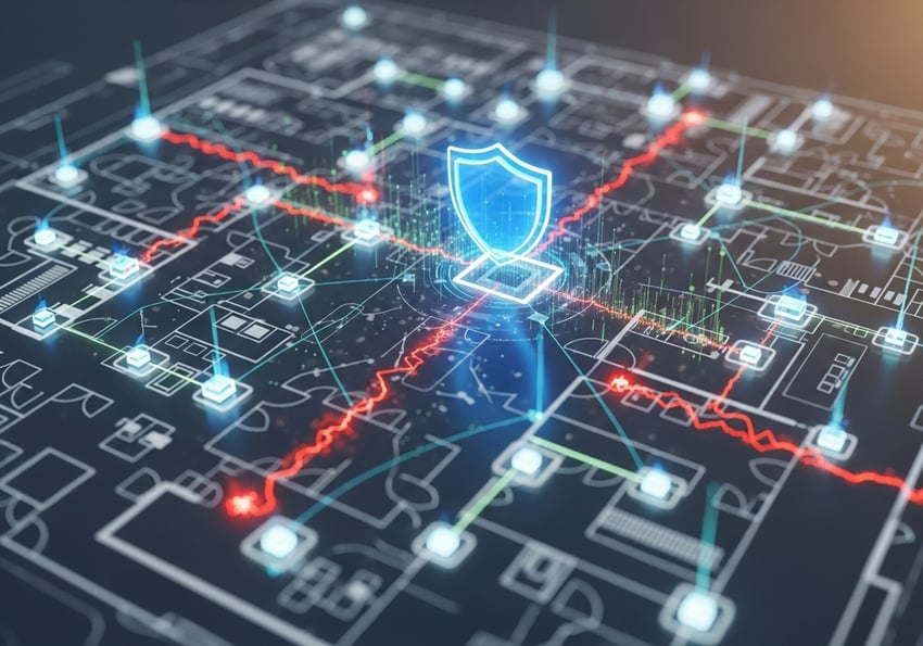 A glowing blue shield icon provides security over a digital network of patient data laid across a hospital blueprint.